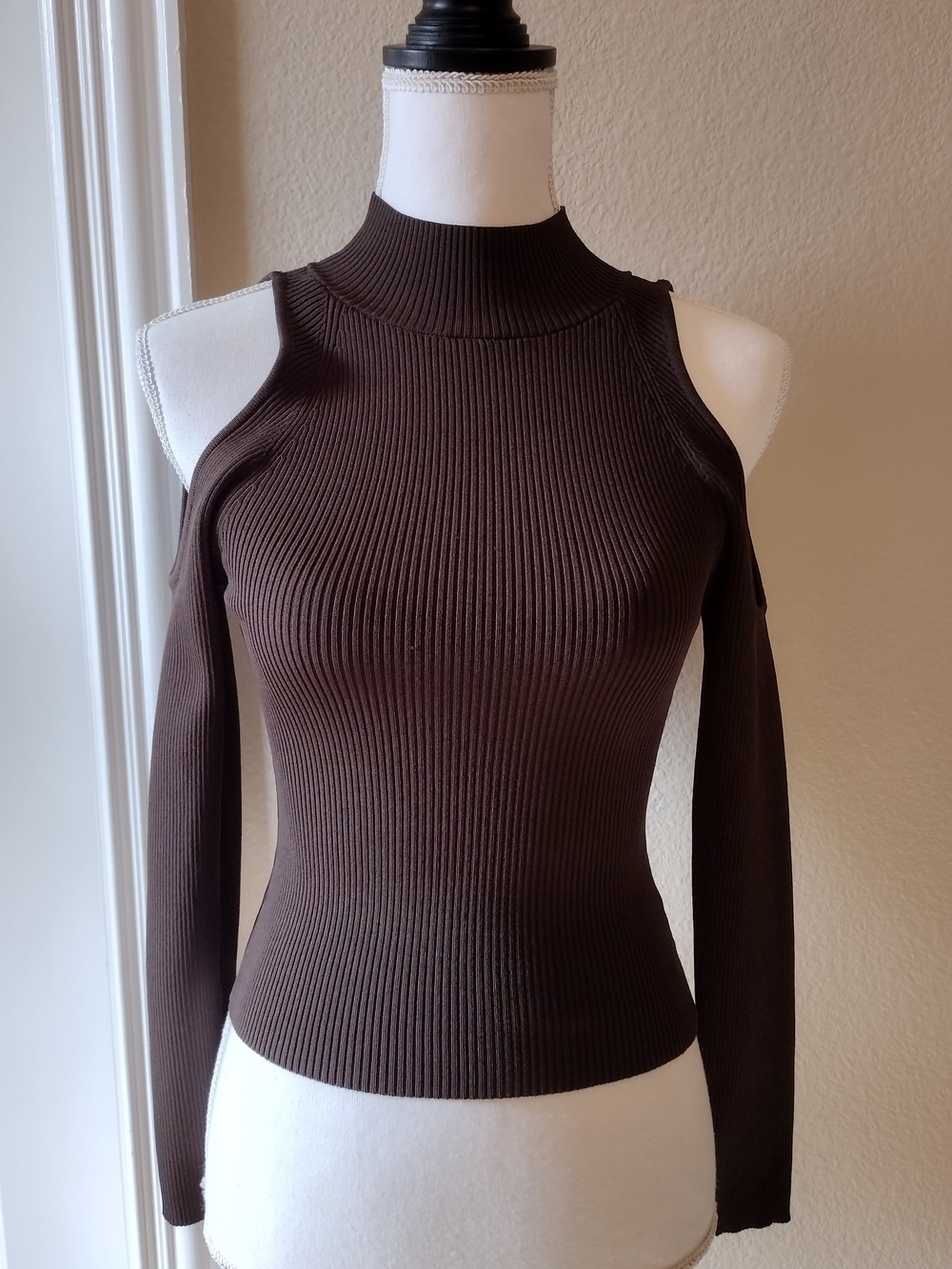 Astr Ribbed Mock-Neck Top in Dark Brown
